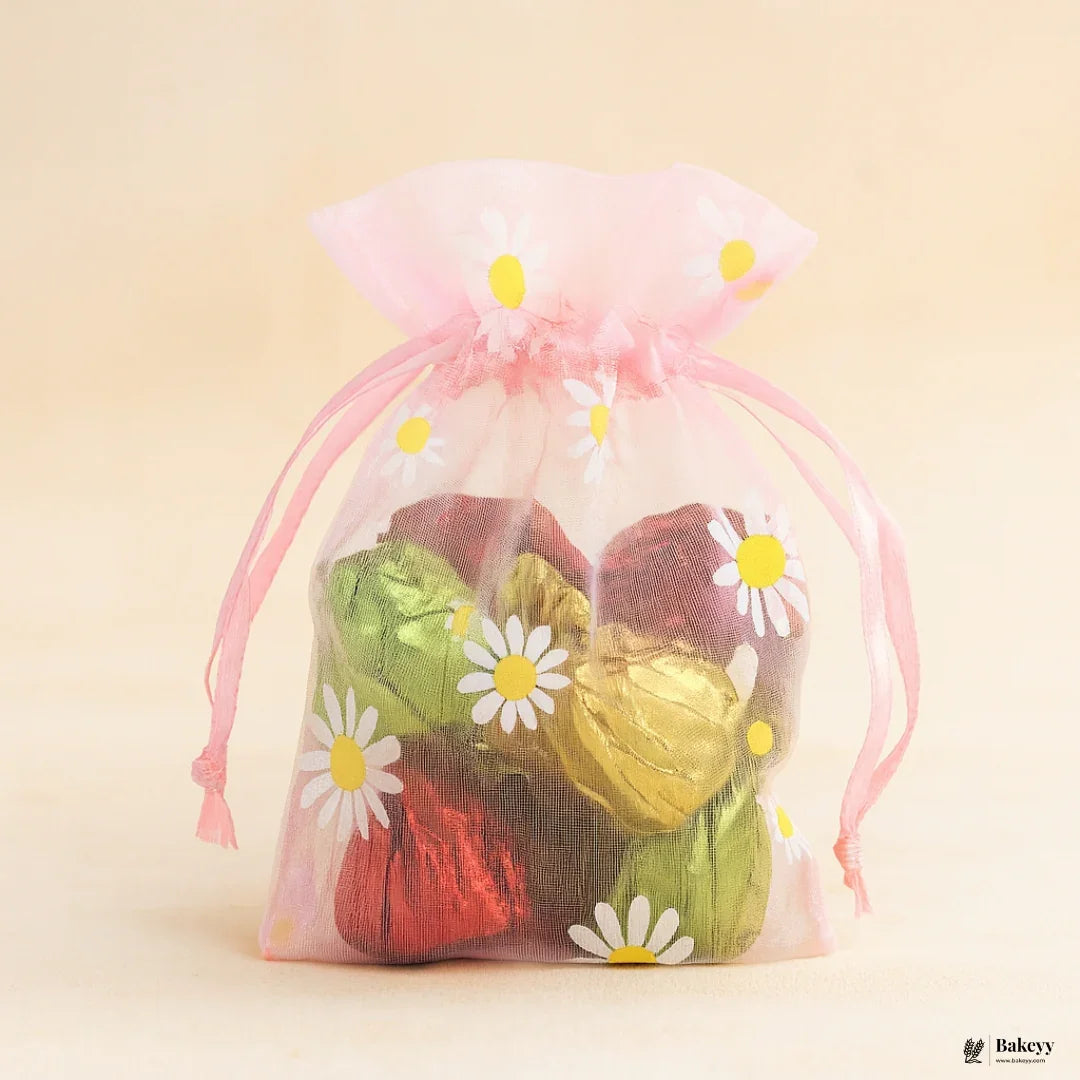 10x14 CM | Pink With Big White Flowers Dot Organza Potli Bags | Pack of 100