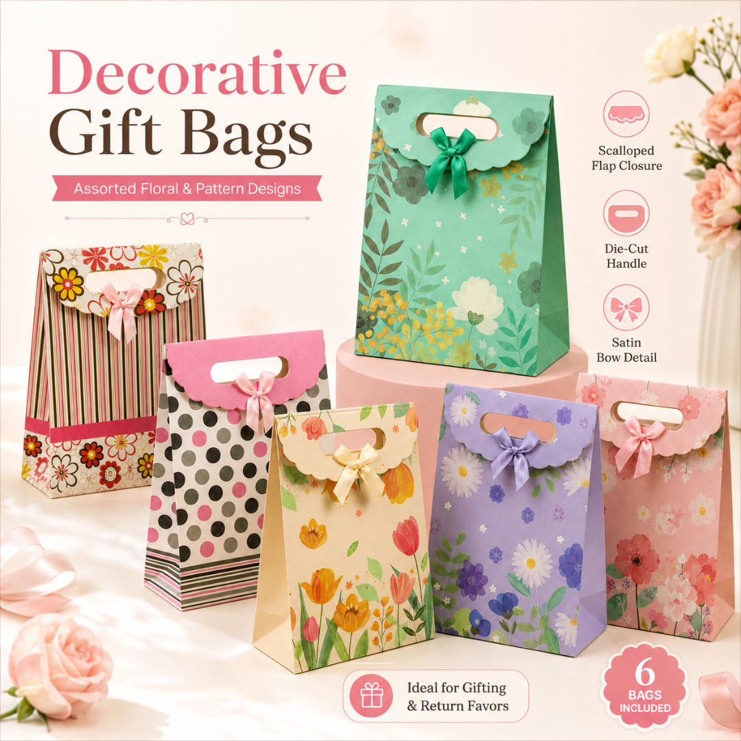 Assorted decorative gift bags with floral and pattern designs on a light background.