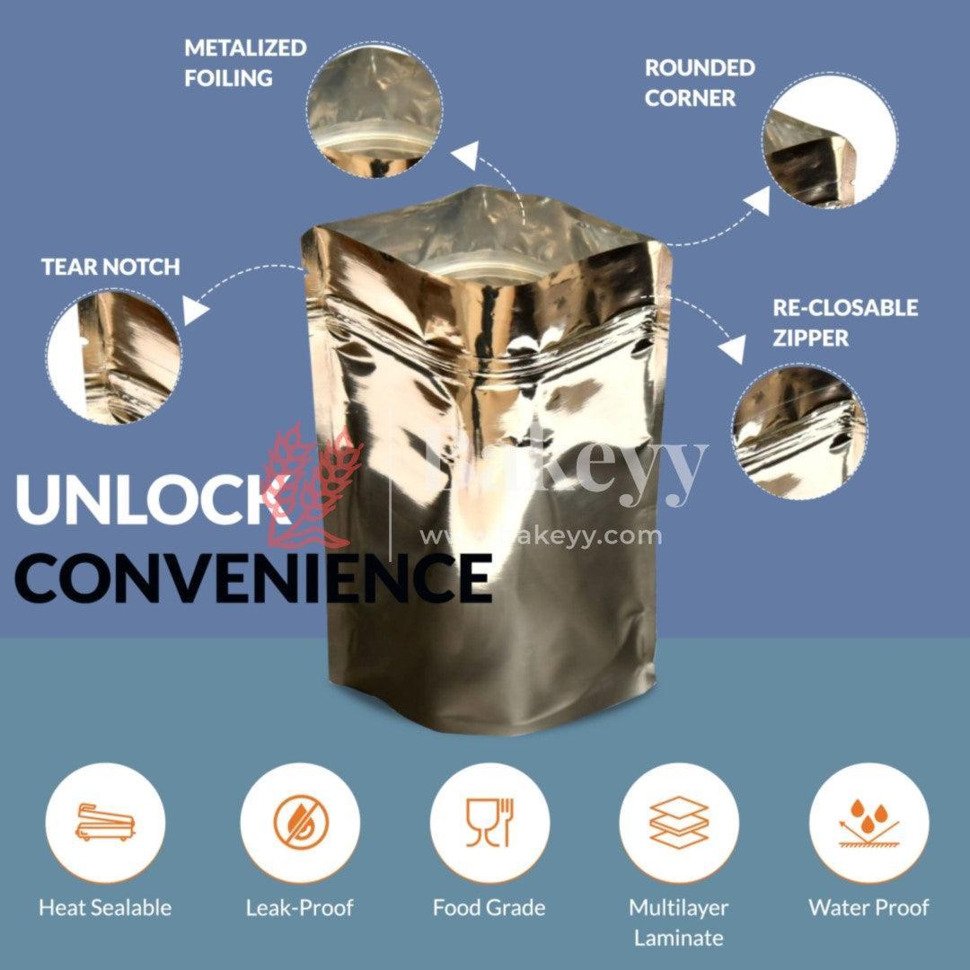 Zip Lock Pouch | Silver Pouch Without Window | Customized Printing - Bakeyy.com - India - Zip Lock Pouch | Silver Pouch Without Window | Customized Printing - Pack of 1000 / 10x17 CM - 100 gm