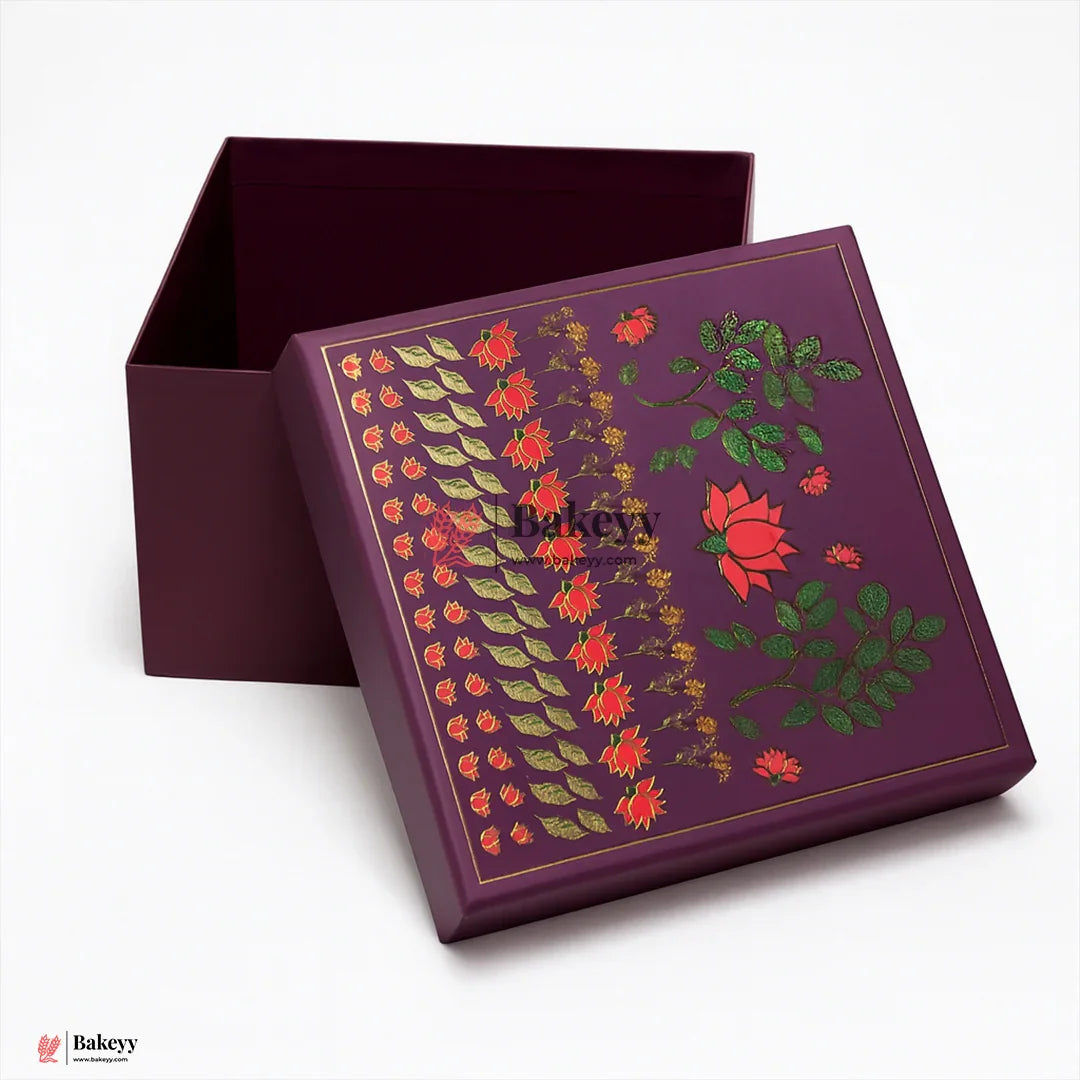 Floral Printed Premium Square Gift Box – Purple | Reusable Rigid Hamper Packaging | Pack Of 1