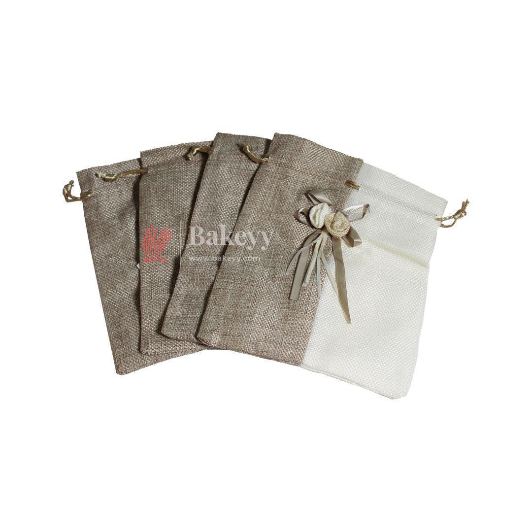 Natural & Cream Dual Colour Jute Potli Bag with Floral Accent | Traditional Potli Bag | Pack of 10
