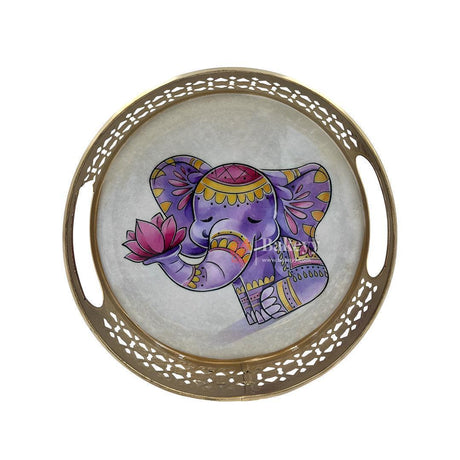 6 inch Elegant Golden Tray with Elephant Design | For Return Gifts | Round Metal Tray Home Decor Items |Decorative Tray - Bakeyy.com - India - 6 inch Elegant Golden Tray with Elephant Design | For Return Gifts | Round Metal Tray Home Decor Items |Decorative Tray - Pack of 1
