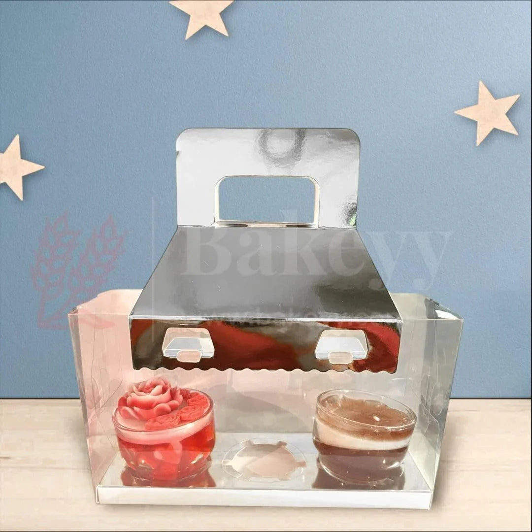 3-Cavity Transparent Cupcake Box with Silver Handle mini hamper box cupcake gift packaging plastic cupcake carrier Pack of 10