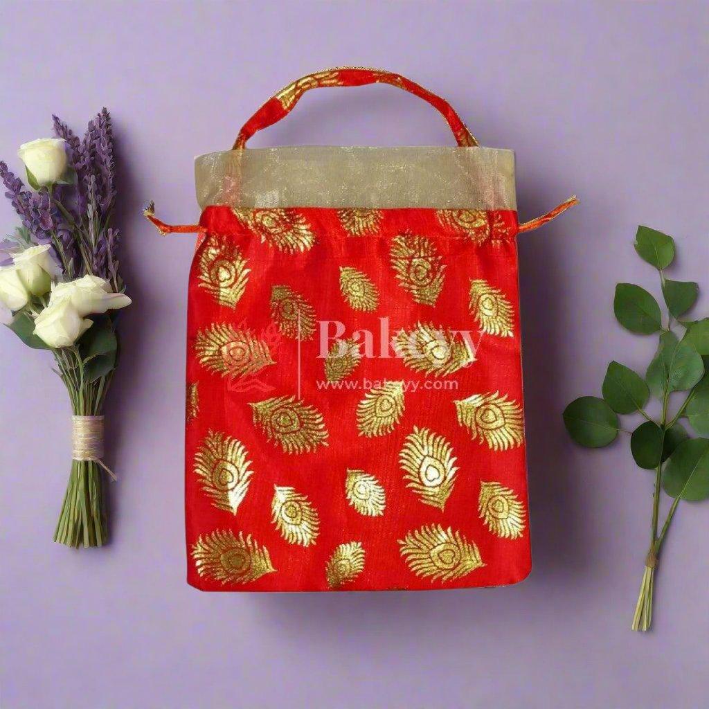 20x25 CM Design potli Bag | Red with Golden Peacock feathers | Pack Of 10 - Bakeyy.com - India - 20x25 CM Design potli Bag | Red with Golden Peacock feathers | Pack Of 10 - Default Title