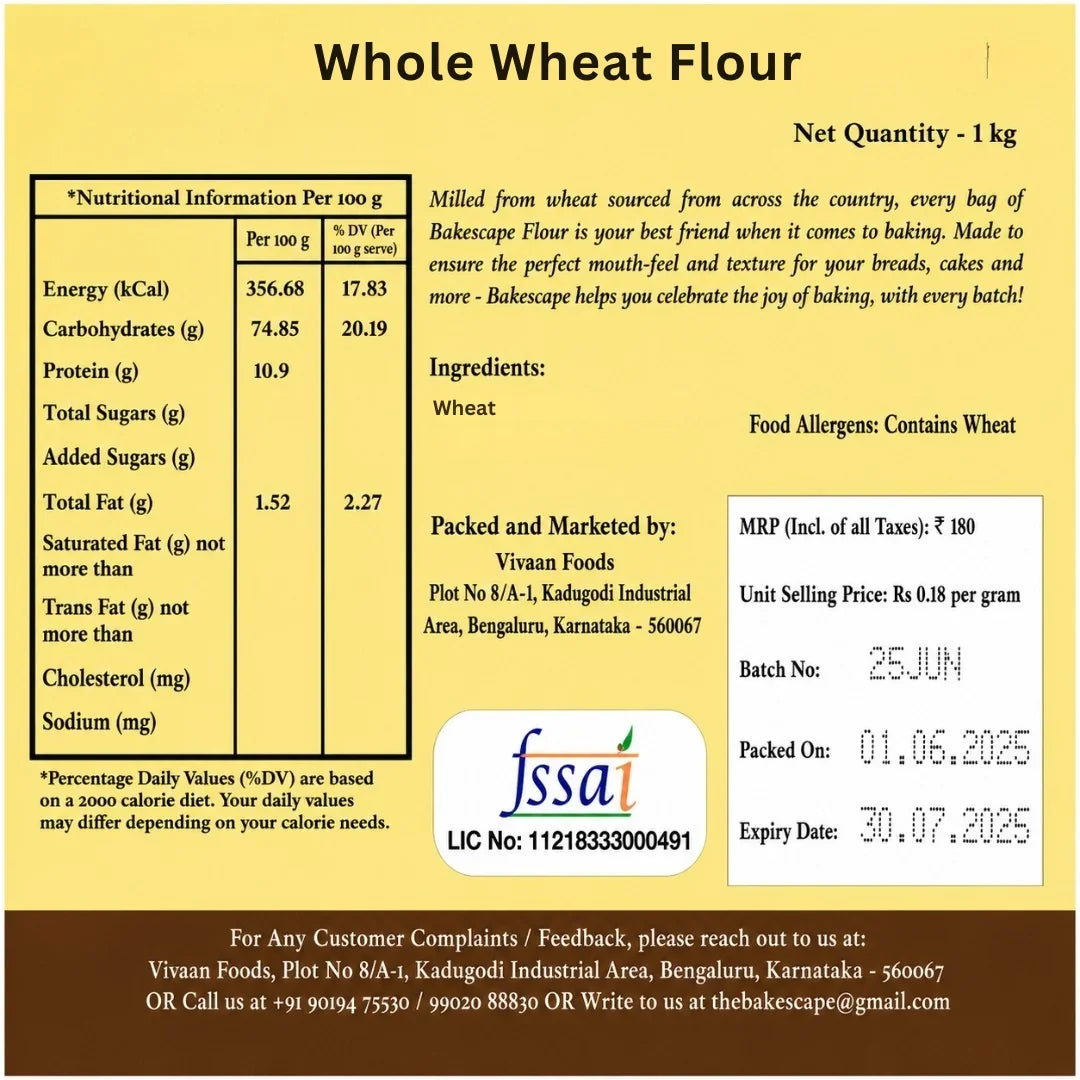 Label of whole wheat flour with nutritional information, ingredients, and contact details on a yellow background.