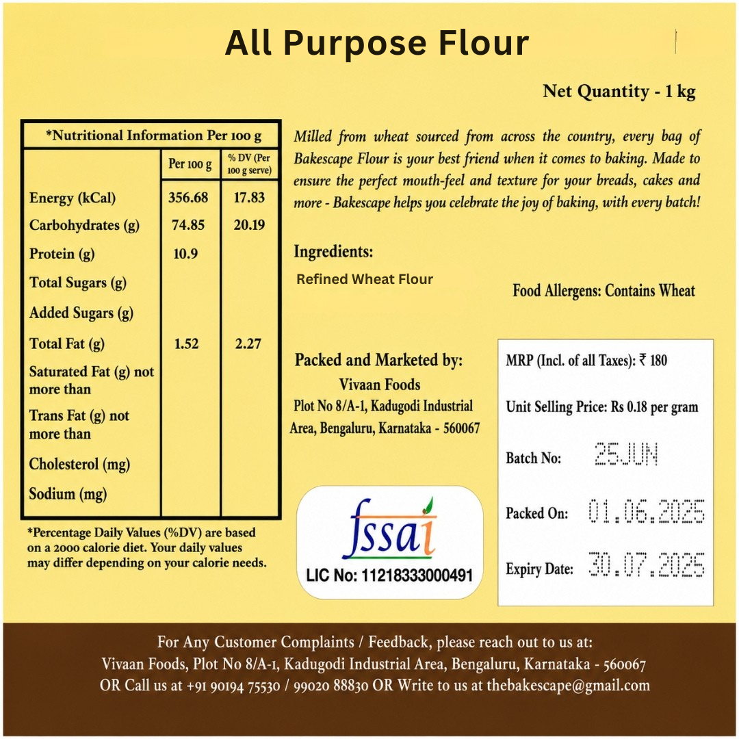 All Purpose Flour packaging with nutritional information, ingredients, and contact details on a yellow background.