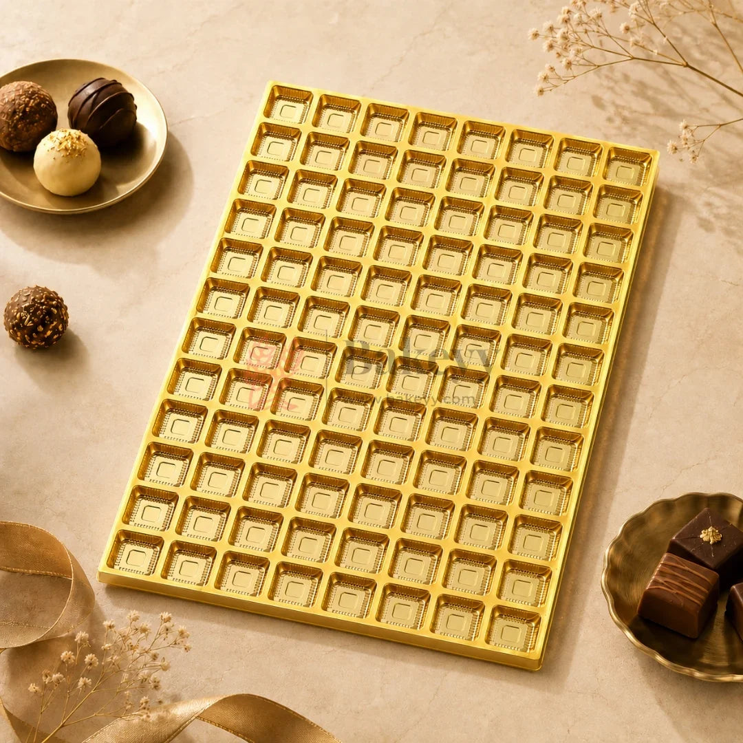 96 Elegant Gold Plastic Tray with Square Cavities for Confectionery and Packaging | Pack of 10