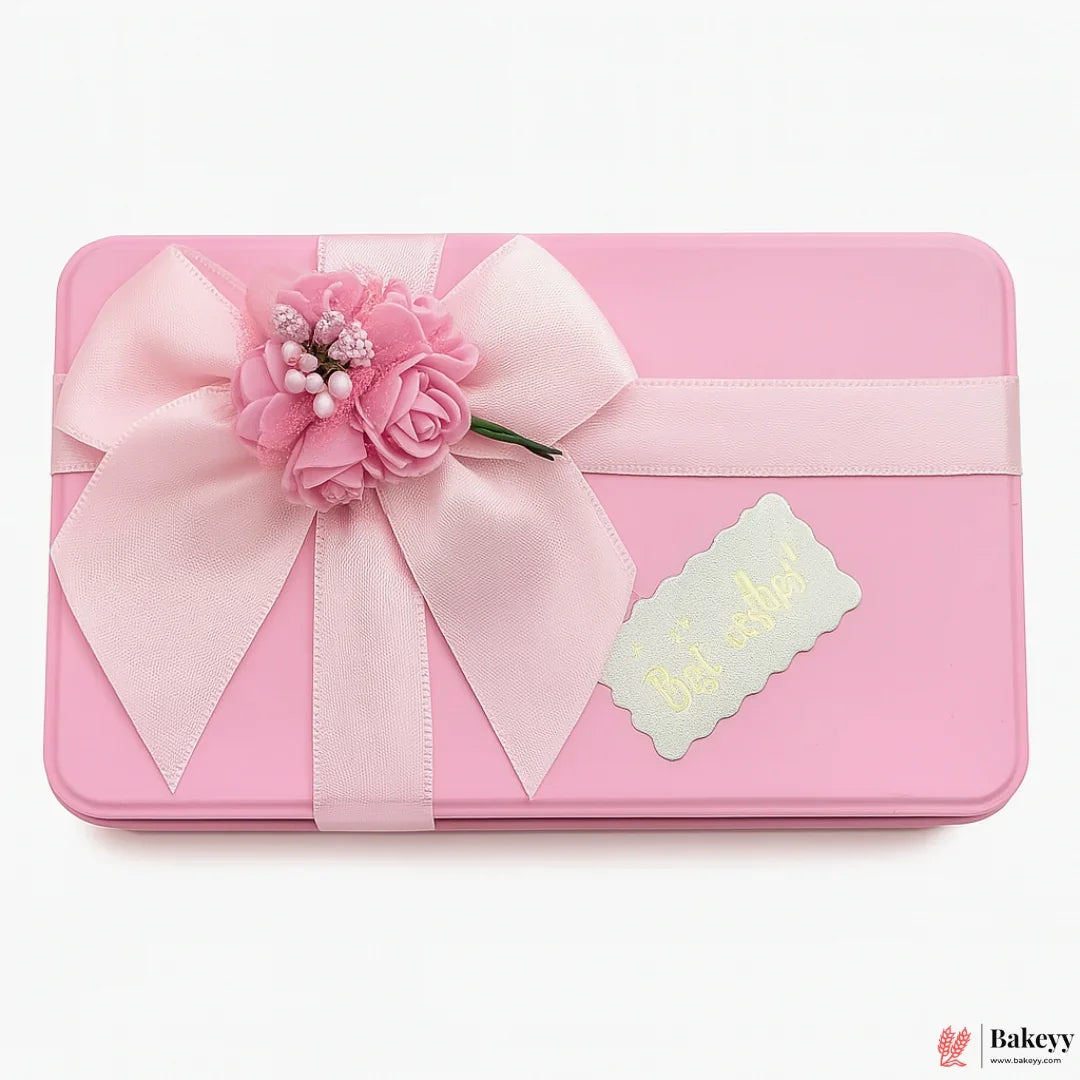Light Pink Rectangle Empty Decorative Tin Box | Mixed Bow Designs| 19x11x4.5Cm Tin Box| 1 Piece - Bakeyy.com - India - Light Pink Rectangle Empty Decorative Tin Box | Mixed Bow Designs| 19x11x4.5Cm Tin Box| 1 Piece - 1