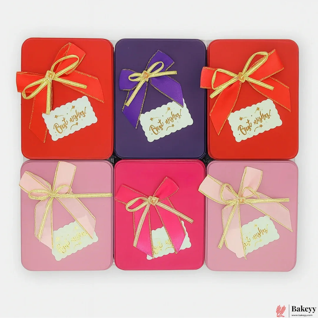 12x9x4 CM (LxBxH) | Empty Rectangle Tin Box with Mixed Colour and Mixed Bow| Pack of 6