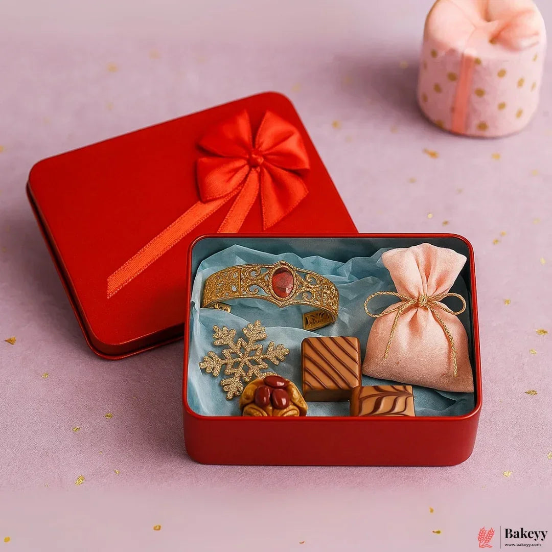 12x9x4 CM (LxBxH) | Empty Rectangle Tin Box with Mixed Colour and Mixed Bow| Pack of 6 - Bakeyy.com - India - 12x9x4 CM (LxBxH) | Empty Rectangle Tin Box with Mixed Colour and Mixed Bow| Pack of 6 - Default Title