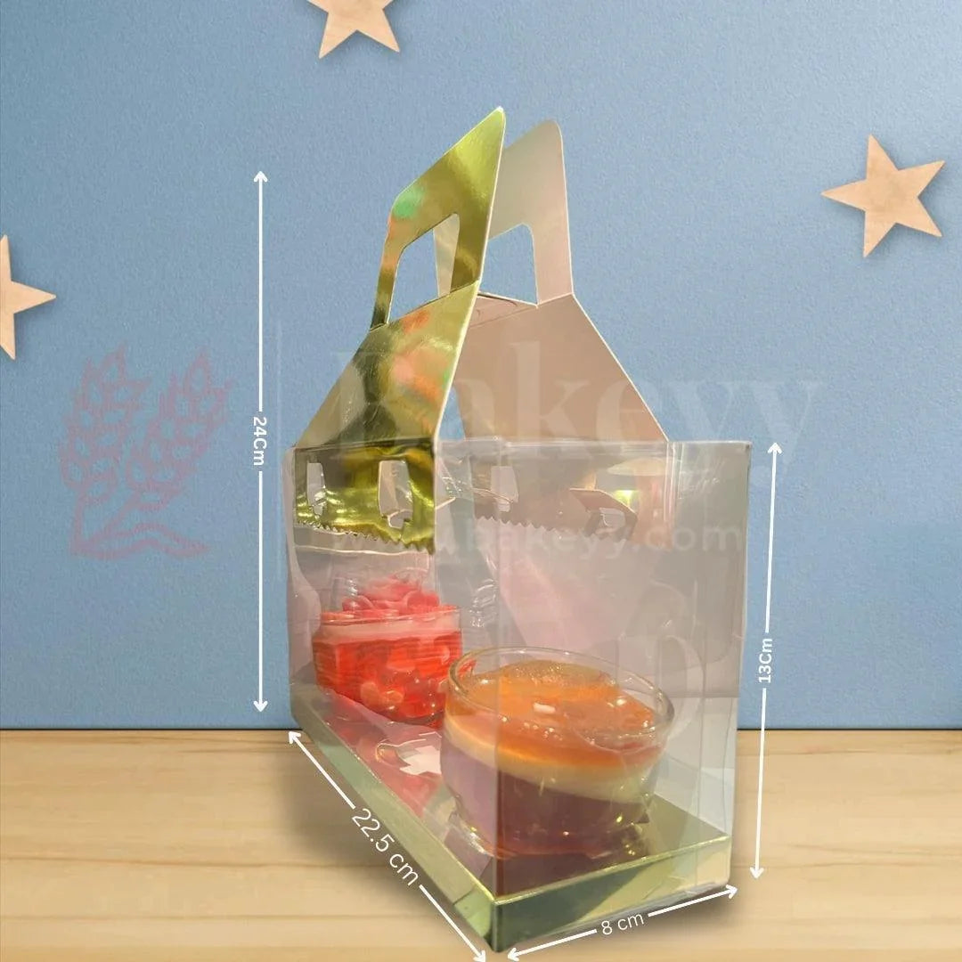 3-Cavity Transparent Cupcake Box with Golden Handle | mini hamper box | cupcake gift packaging | plastic cupcake carrier | Pack of 10 - Bakeyy.com - India - 3-Cavity Transparent Cupcake Box with Golden Handle | mini hamper box | cupcake gift packaging | plastic cupcake carrier | Pack of 10 - Default Title