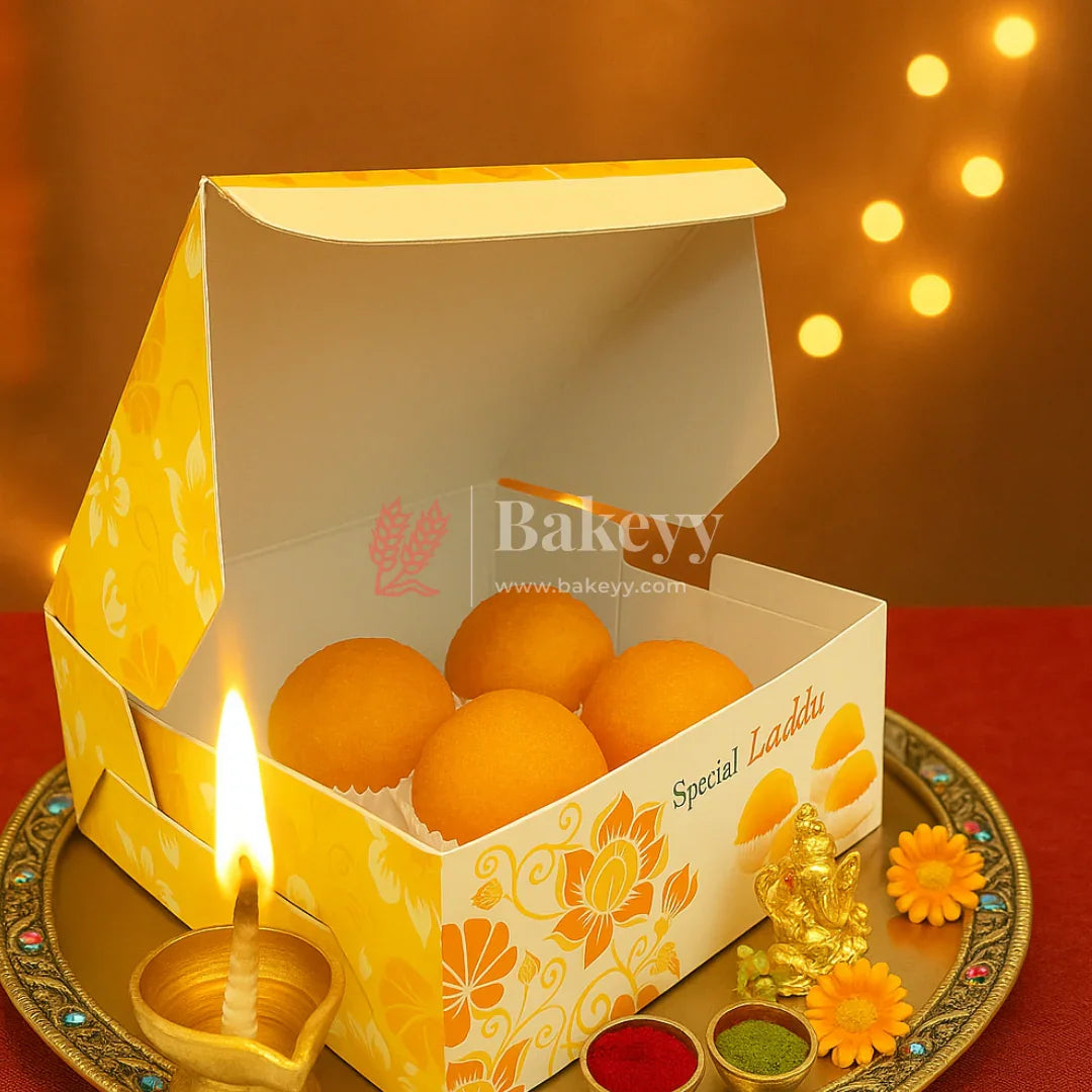 9x9x4 cm | 4 Ladoo sweet box | Premium grey back | Ladoo print | Pack of 100