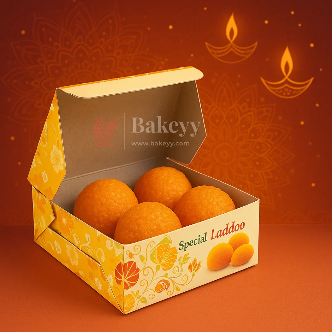 9x9x4 cm | 4 Ladoo sweet box | Premium grey back | Ladoo print | Pack of 100