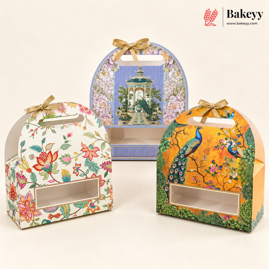 Embossed Traditional Print Goodie Box with Window & Handle | 3 Designs | Pack of 10