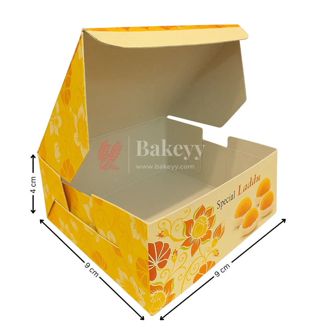 9x9x4 cm | 4 Ladoo sweet box | Premium grey back | Ladoo print | Pack of 100