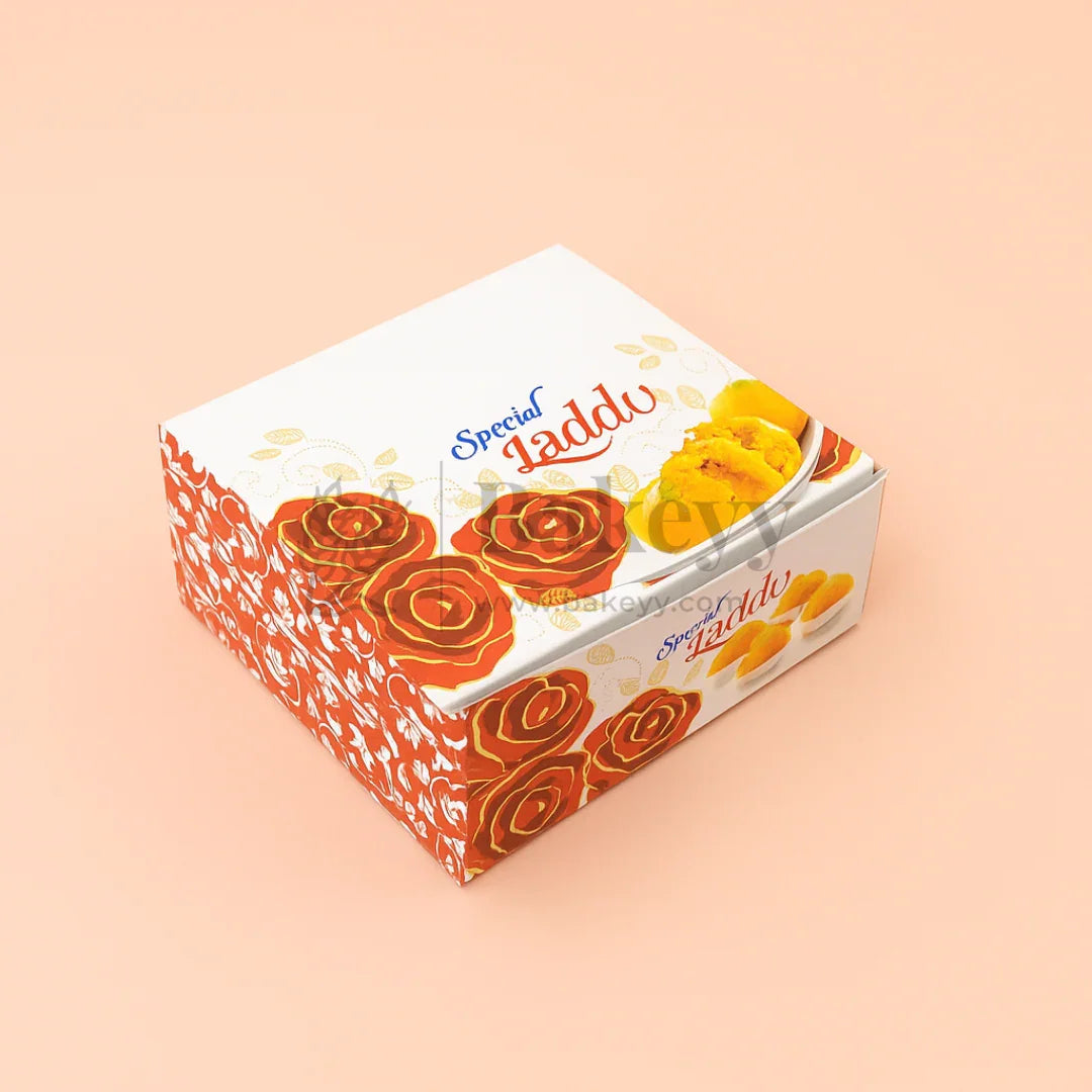 9x9x4 cm | 4 Ladoo sweet box | Premium grey back | Rose print | Pack of 100
