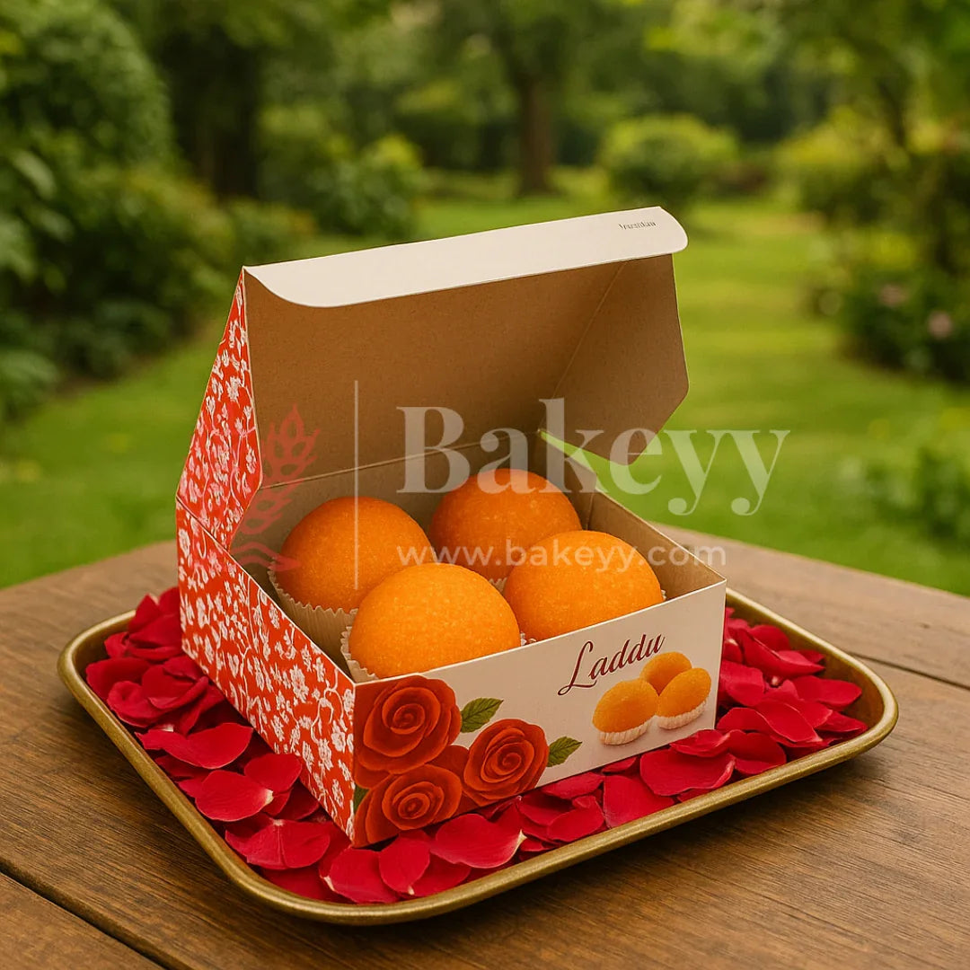 9x9x4 cm | 4 Ladoo sweet box | Premium grey back | Rose print | Pack of 100