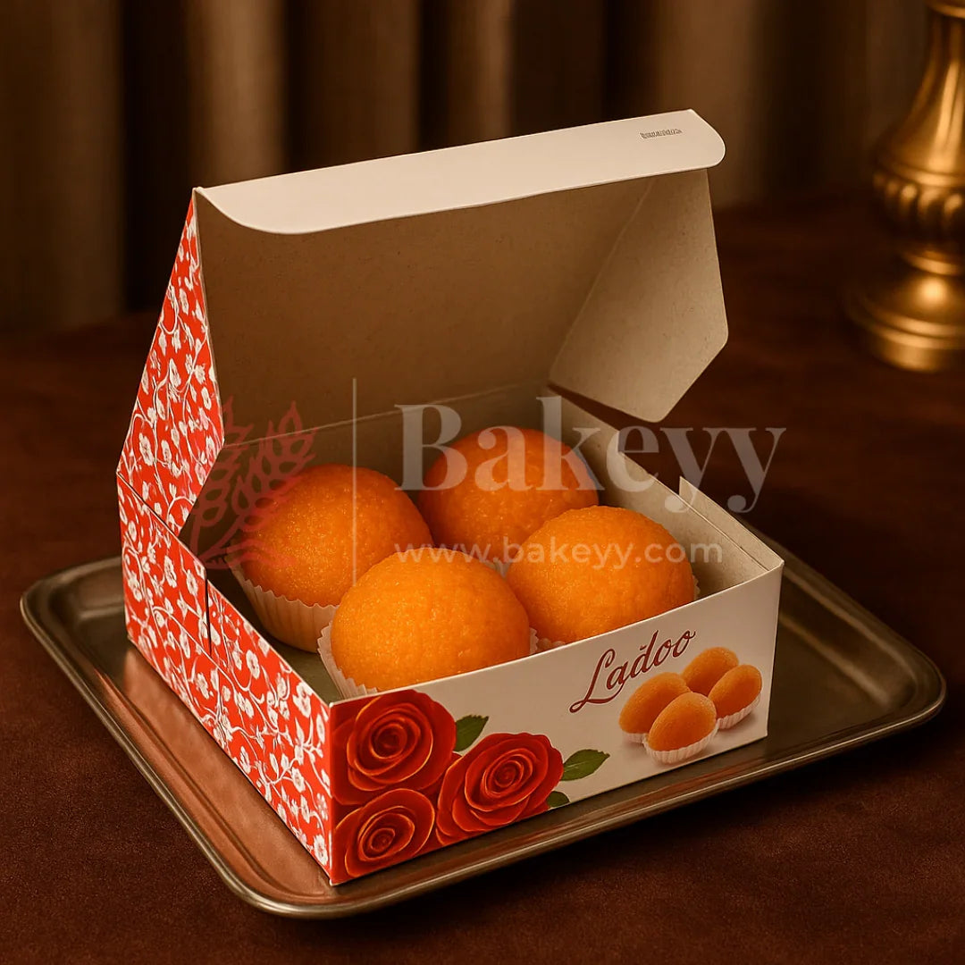9x9x4 cm | 4 Ladoo sweet box | Premium grey back | Rose print | Pack of 100