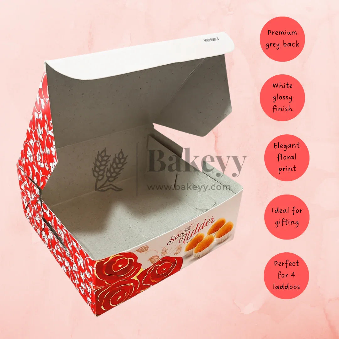 9x9x4 cm | 4 Ladoo sweet box | Premium grey back | Rose print | Pack of 100