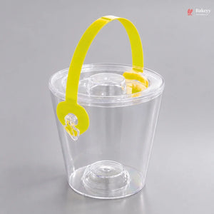 Clear plastic cup with a yellow handle on a gray background