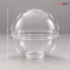 A clear round plastic container or lid shown on a gray studio background with overlaid dimension lines and text indicating a height of 10 cm / 4 inches and a diameter of 9.5 cm / 3.
