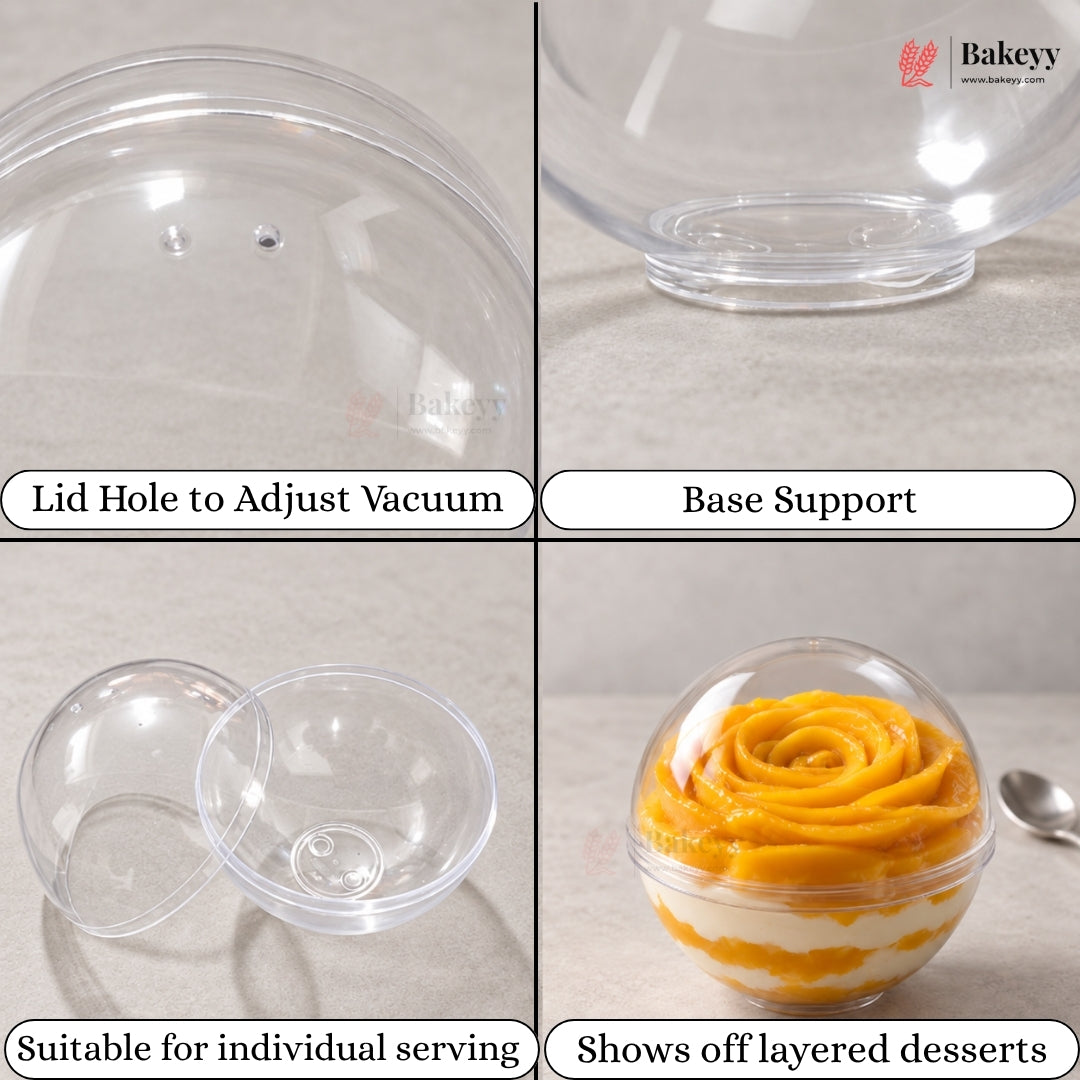 A four-panel product demonstration of a clear plastic dome dessert container. The top-left panel shows the transparent lid with labeled callouts for lid hole and base support.
