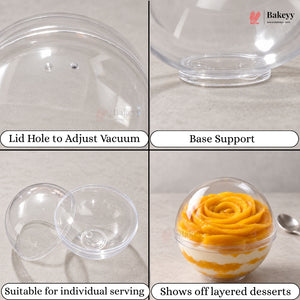 A four-panel product demonstration of a clear plastic dome dessert container. The top-left panel shows the transparent lid with labeled callouts for lid hole and base support.