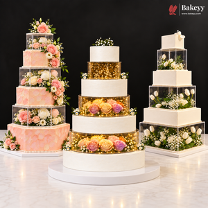 Three elegant square wedding cakes displayed on white marble tables against a black background. The center cake is white with gold foil and warm fairy lights, flanked by two pink and white tiered cakes with floral arrangements and clear acrylic boxes.