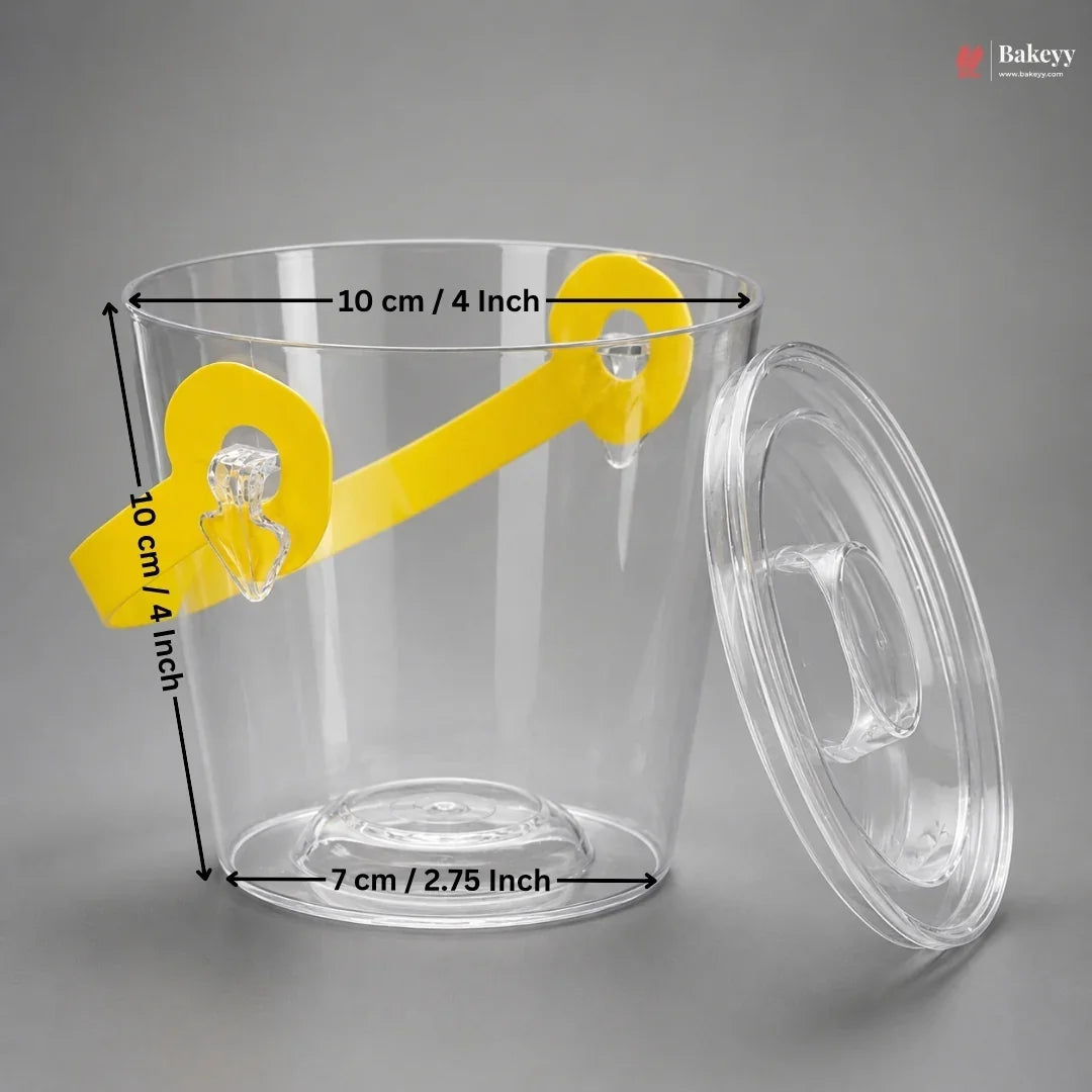 Clear plastic container with yellow measurement labels on a gray background
