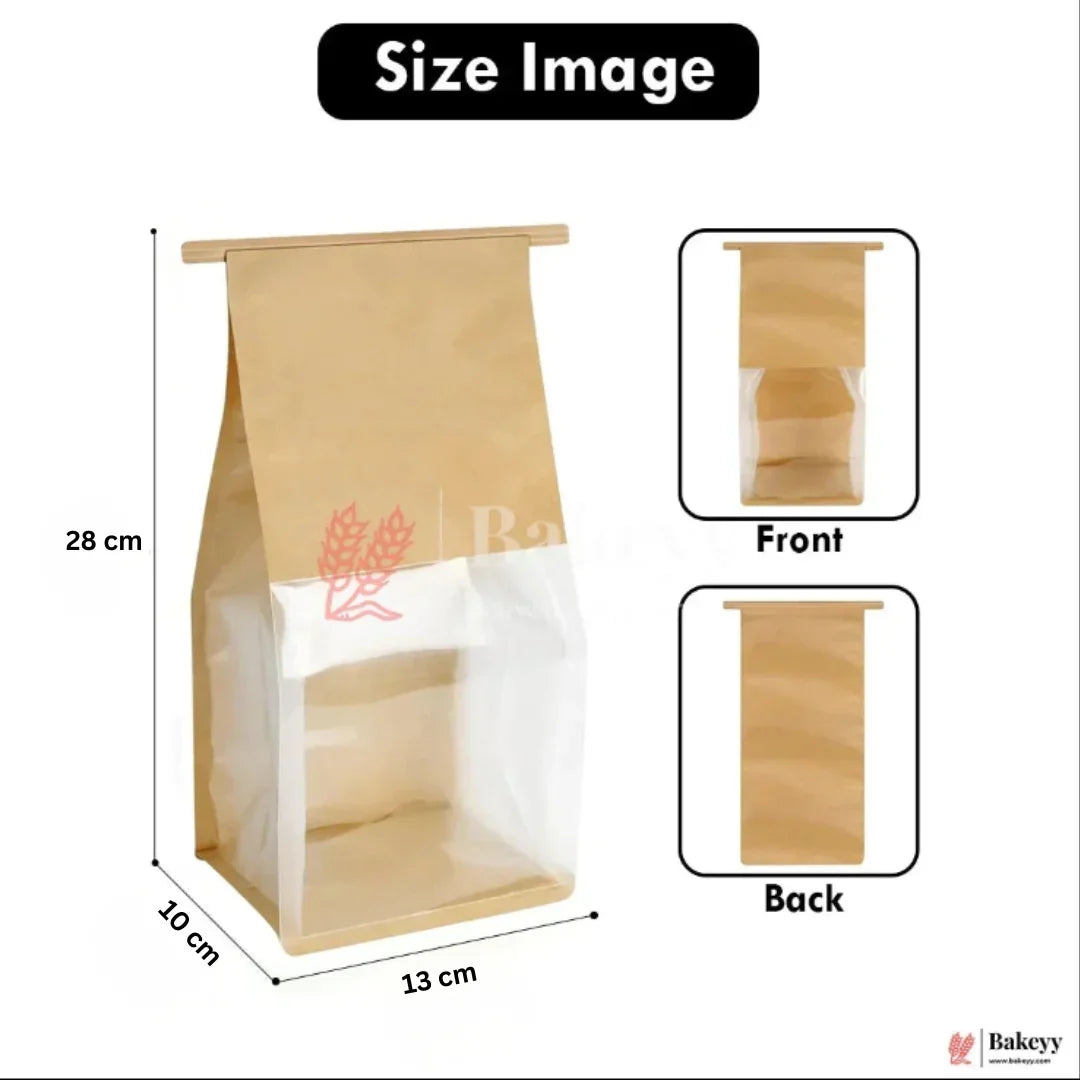 Kraft Bread Bags with Transparent Window – Food-Grade & Stylish | Kraft Paper Pouches for Fresh Bakes | Baked Foods Packaging Storage | Pack Of 50