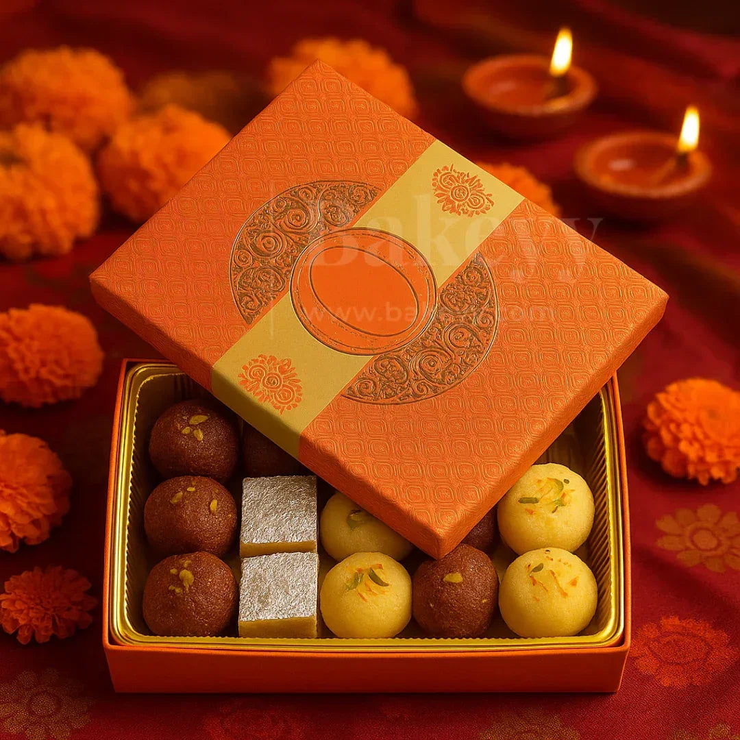 One Kg Sweet Box | Elegant Orange sweet and chocolate box with Golden tray | Pack of 10 - Bakeyy.com - India - One Kg Sweet Box | Elegant Orange sweet and chocolate box with Golden tray | Pack of 10 - Default Title