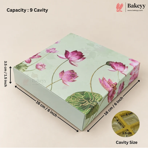 A rectangular bakery box with a light green background and pink lotus flower print, shown with dimension arrows indicating 16 cm by 16 cm by 3.5 cm, plus text reading 'Capacity : 9 Cavity' and a small cavity size inset.