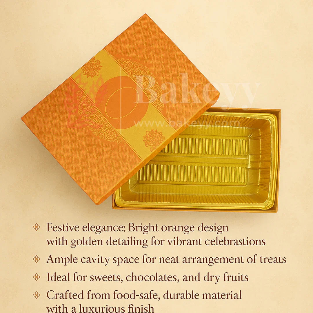 One Kg Sweet Box | Elegant Orange sweet and chocolate box with Golden tray | Pack of 10 - Bakeyy.com - India - One Kg Sweet Box | Elegant Orange sweet and chocolate box with Golden tray | Pack of 10 - Default Title