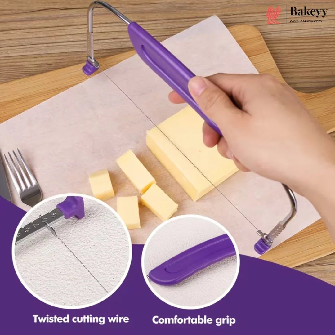 A hand holds a purple-handled wire cheese cutter over a block of cheese on parchment paper, with inset circles showing the twisted cutting wire and a close-up of the comfortable grip. The Bakeyy logo appears in the top right.