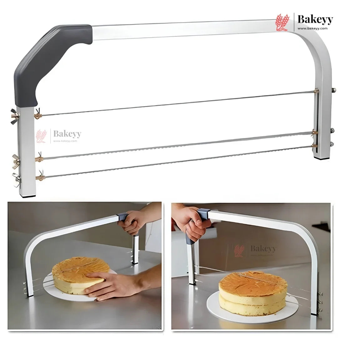 Cake leveler with Bakeyy branding, showing use on a cake.