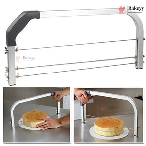 Cake leveler with Bakeyy branding, showing use on a cake.