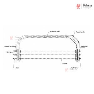 Diagram of a knife with labeled parts on a white background, featuring the Bakeyy brand.