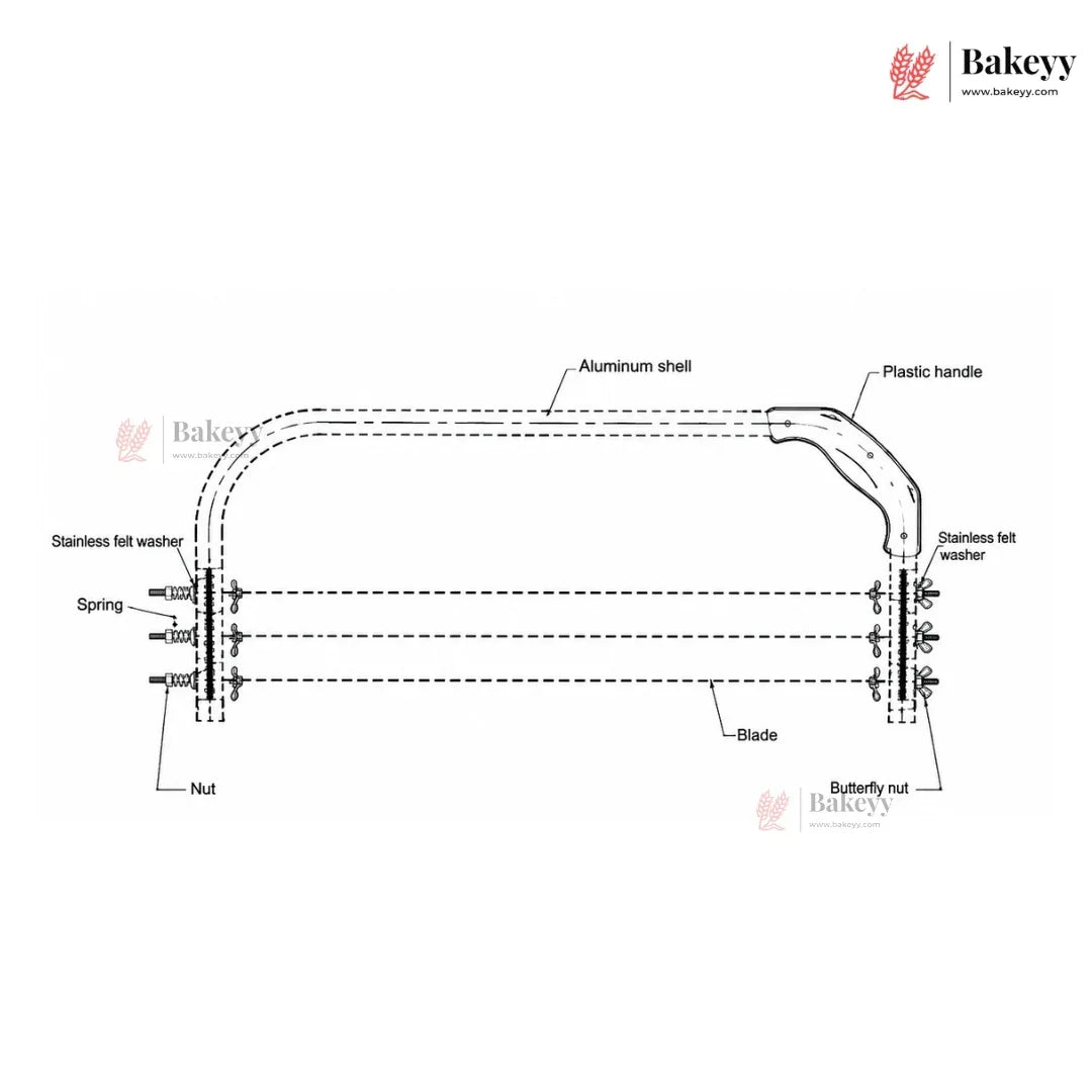 Diagram of a knife with labeled parts on a white background, featuring the Bakeyy brand.