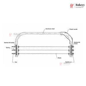 Diagram of a knife with labeled parts on a white background, featuring the Bakeyy brand.