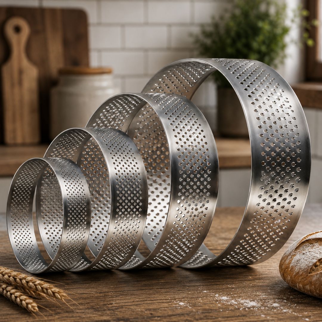 Set of metal ring molds on a wooden surface with bread and wheat in the background