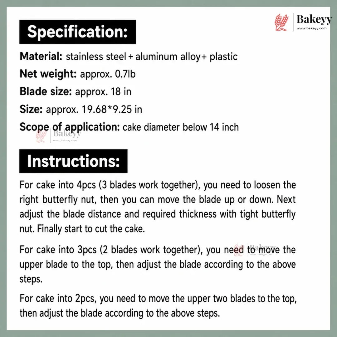 Product specification and instructions for a cake cutter with Bakeyy branding.