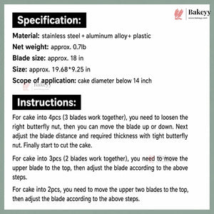 Product specification and instructions for a cake cutter with Bakeyy branding.