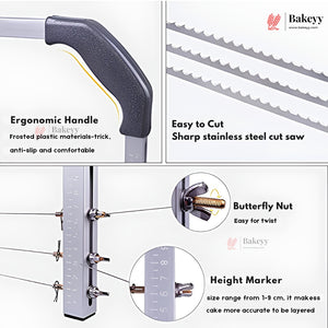 Bakeyy bread knife with ergonomic handle, sharp stainless steel blade, butterfly nut, and height marker on a white background.