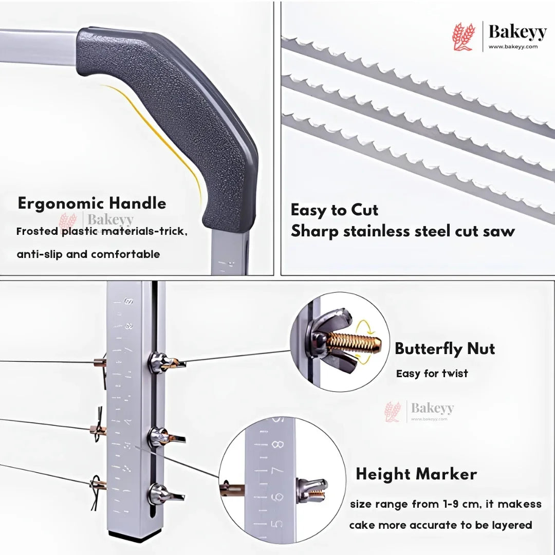 Bakeyy bread knife with ergonomic handle, sharp stainless steel blade, butterfly nut, and height marker on a white background.