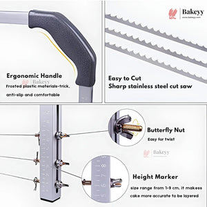 Bakeyy bread knife with ergonomic handle, sharp stainless steel blade, butterfly nut, and height marker on a white background.