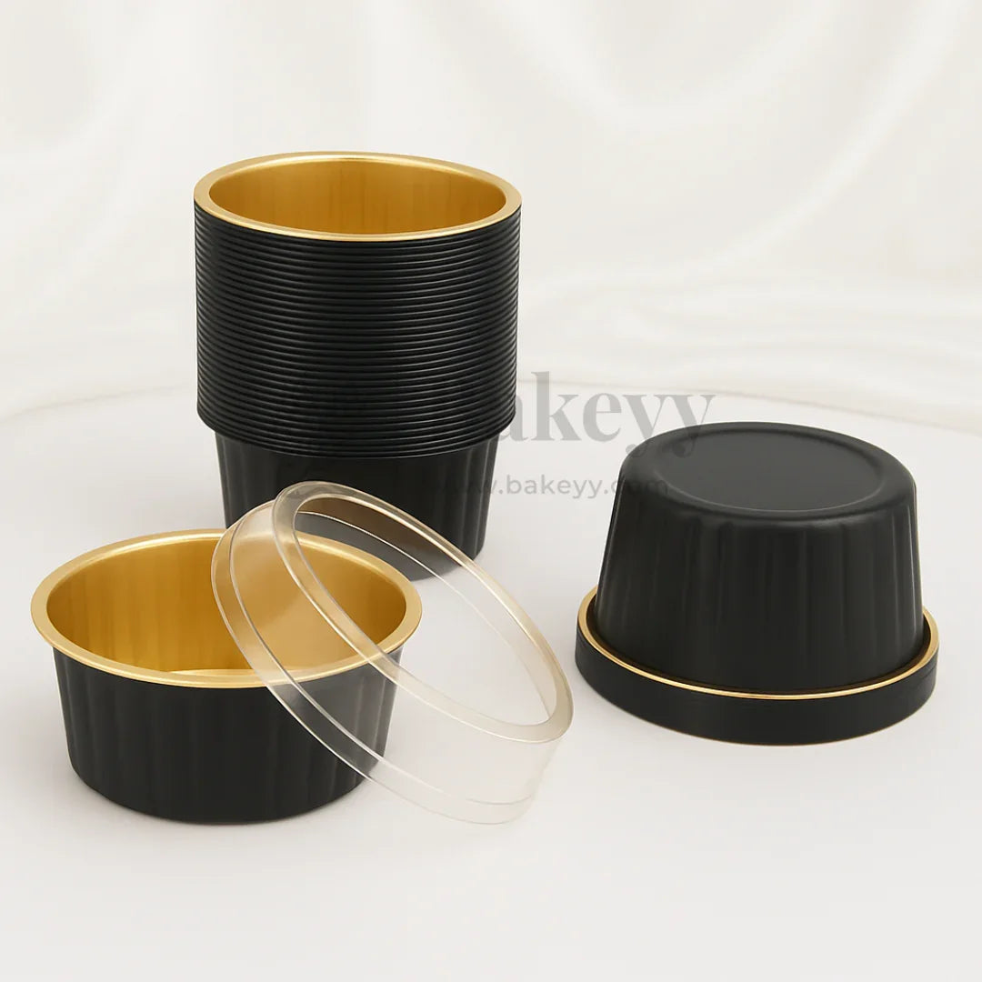 Aluminum Foil Baking Containers with Transparent Lid | Round Tins | Bake N Serve | Pack of 100 - Bakeyy.com - India - Aluminum Foil Baking Containers with Transparent Lid | Round Tins | Bake N Serve | Pack of 100 - Black / 125 ml