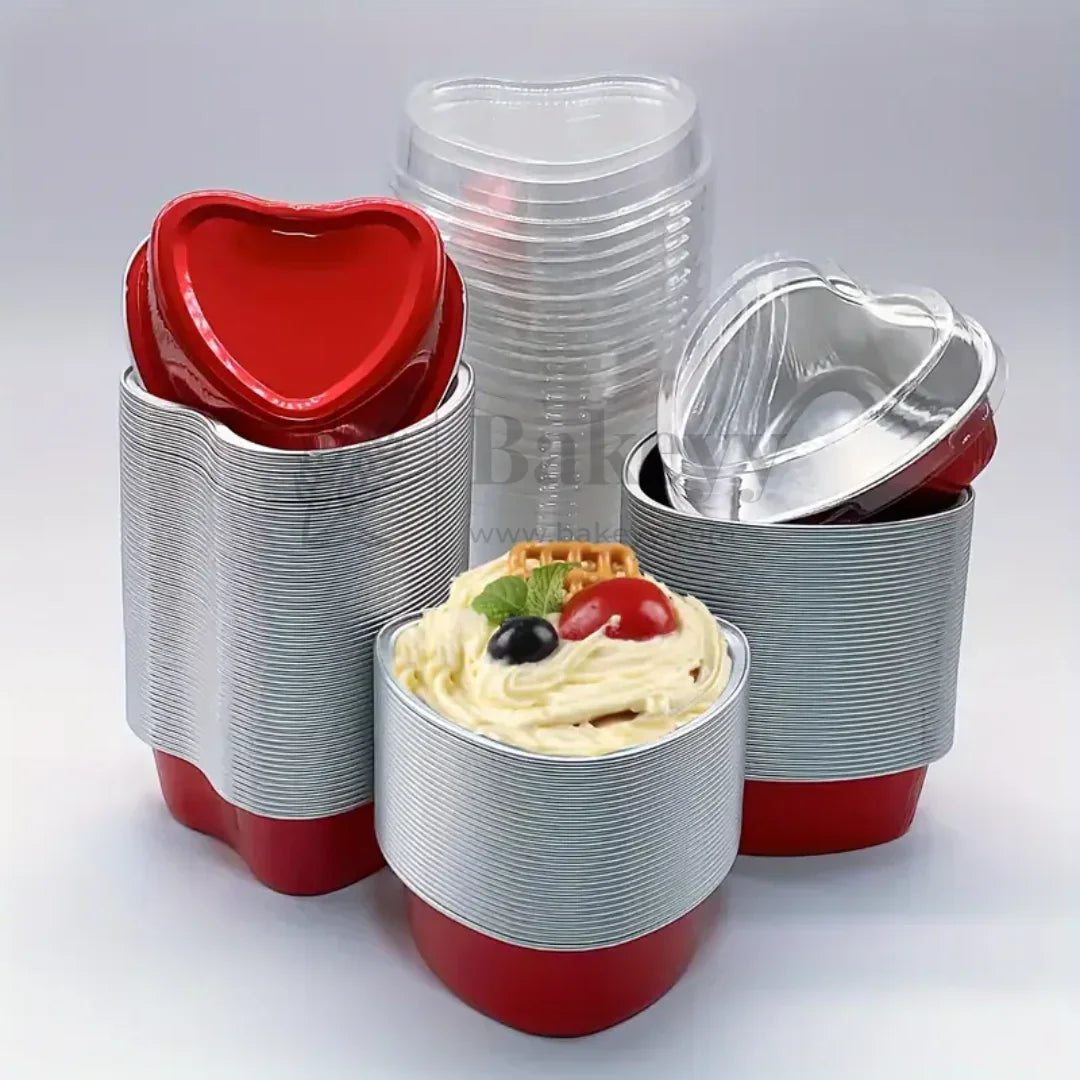 100 ml | Aluminum Foil Baking Containers with Transparent Lid | Heart Tins | Bake N Serve | Pack of 100