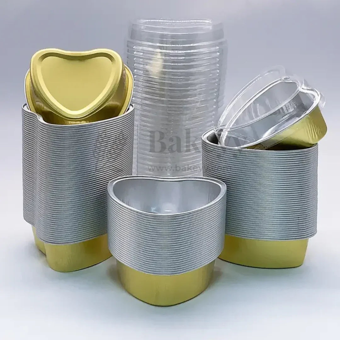 100 ml | Aluminum Foil Baking Containers with Transparent Lid | Heart Tins | Bake N Serve | Pack of 100 - Bakeyy.com - India - 100 ml | Aluminum Foil Baking Containers with Transparent Lid | Heart Tins | Bake N Serve | Pack of 100 - Gold