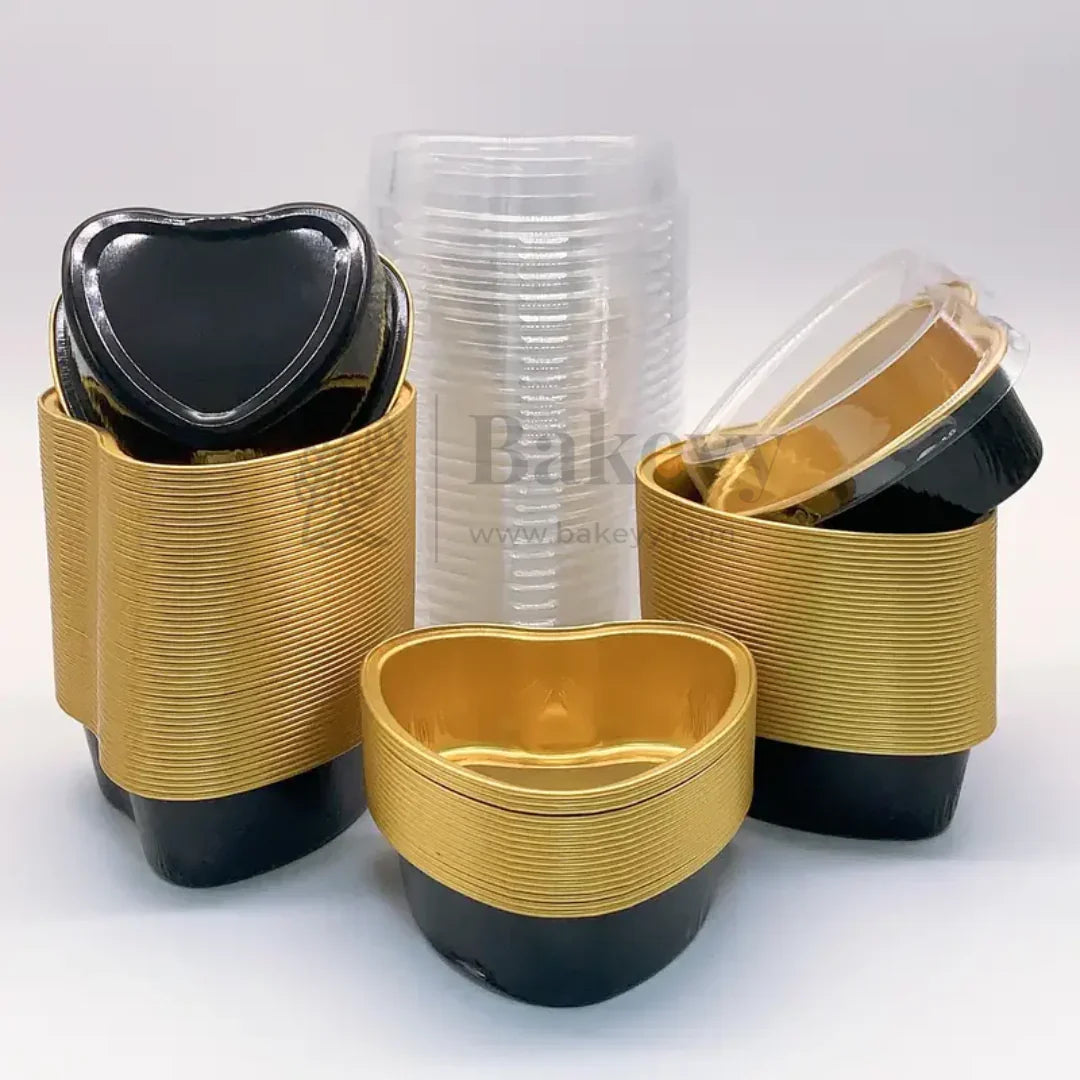 100 ml | Aluminum Foil Baking Containers with Transparent Lid | Heart Tins | Bake N Serve | Pack of 100 - Bakeyy.com - India - 100 ml | Aluminum Foil Baking Containers with Transparent Lid | Heart Tins | Bake N Serve | Pack of 100 - Black and Gold