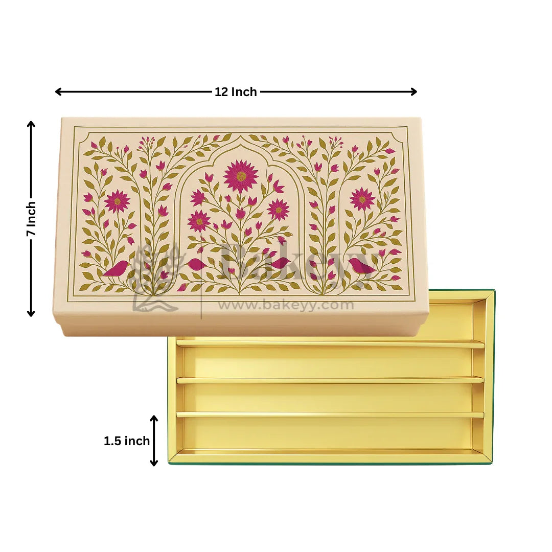 One Kg Sweet Box | 12x7x1.5 Inch | Elegant Floral Rectangle Gift Box with Golden Tray | Pink & Gold Accents 1 Piece